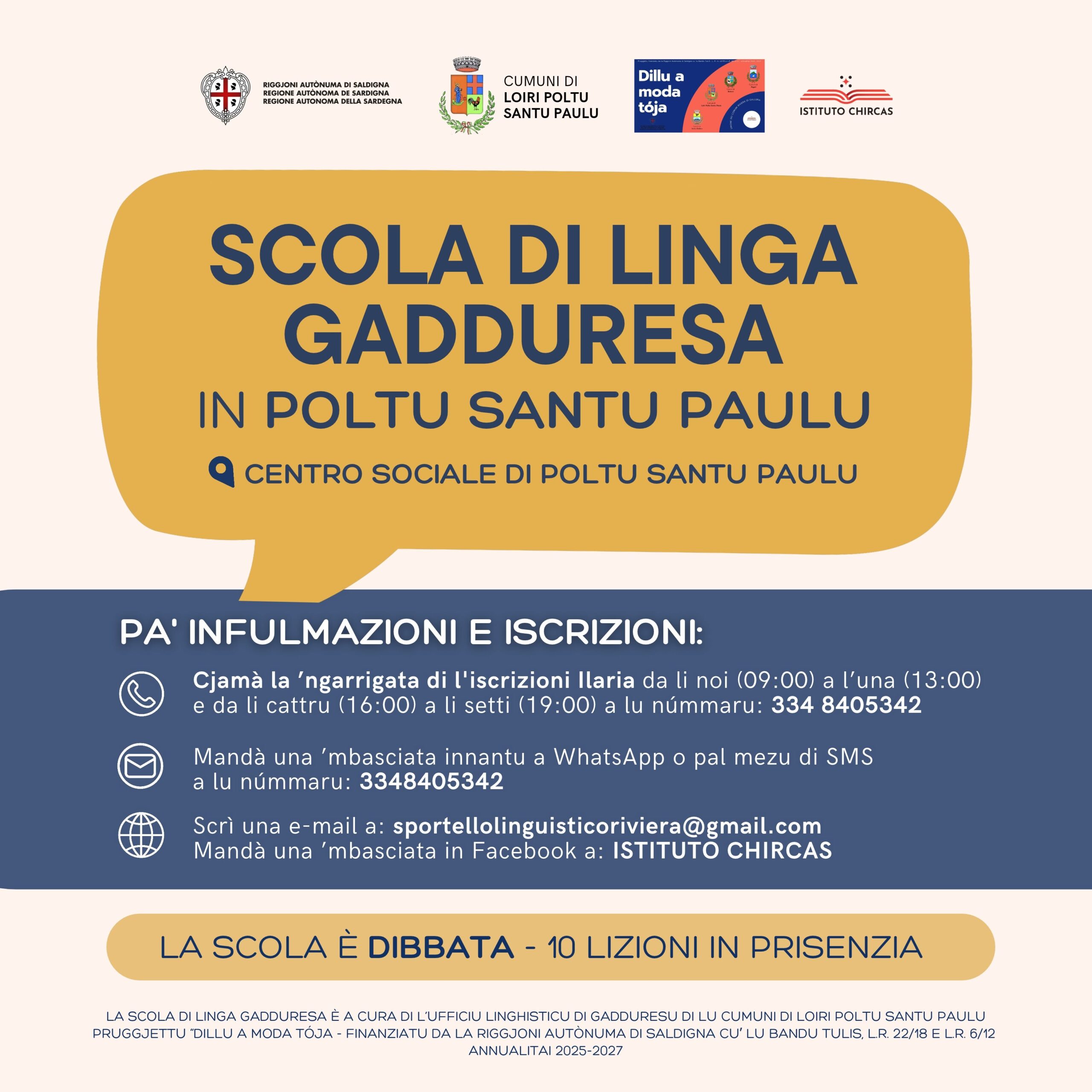 Locandina corso di gallurese a porto san paolo